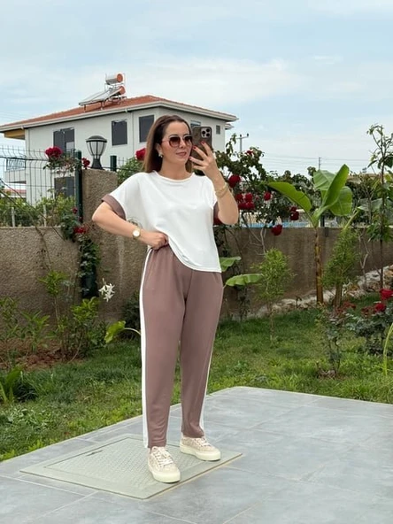 Kadın Modal Dokulu Kumaş Yanı şeritli Takım - Resim 2