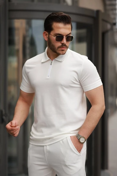 Erkek Yakalı Fermuarlı T-shirt Pantolon Ikili Rahat Takım - Resim 3