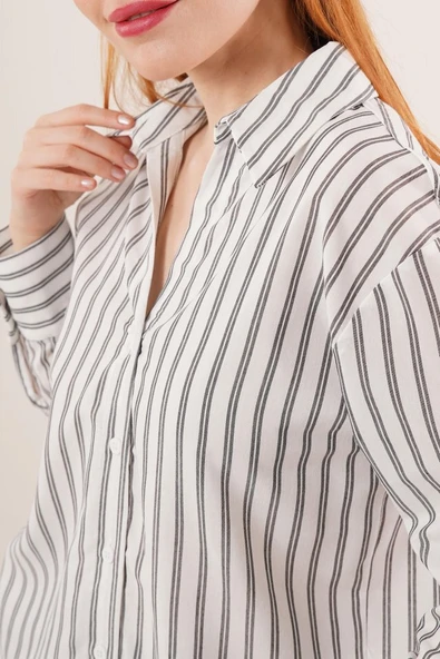 Çift Çizgi Geçişli Düğmeli Gri Gömlek - Resim 4