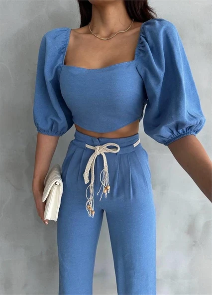 KETEN CROP KARPUZ KOL BLUZ-PANTOLON HASIR KEMERLİ - Mavi - Resim 2