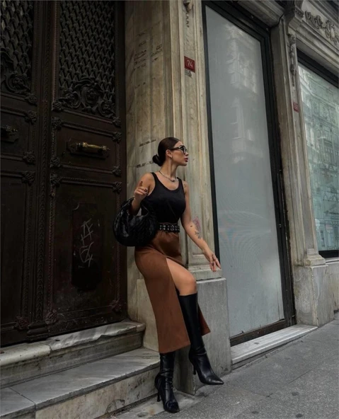 SÜET KALEM ETEK YIRTMAÇ DETAYLI - Taba - Resim 2