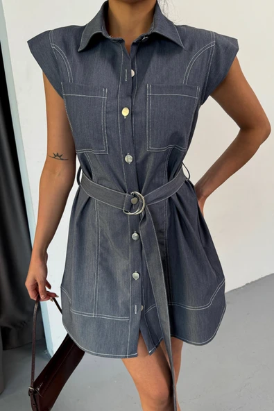 GÖMLEK ELBİSE KOLSUZ TENCEL KUMAŞ - Mavi - Resim 2