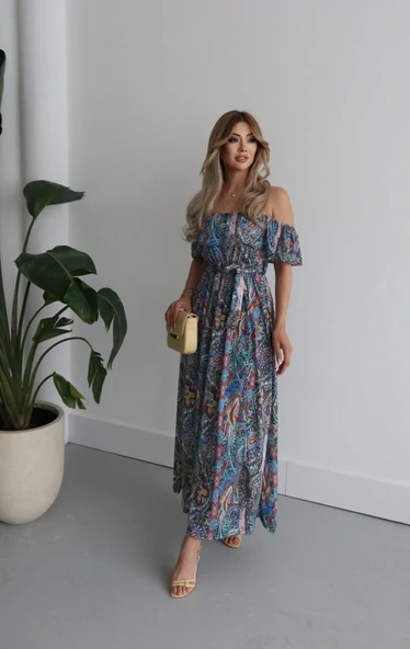 Kadın Kısa Kollu Madonna Yaka Fırfırlı Belden Yırtmaçlı Maksi Süprem Elbise - Resim 8