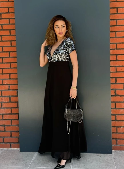 Kadın Kısa Kollu Derin V Yakalı A Kesim Pulpayet Detaylı şifon Nedime Elbisesi - Resim 2