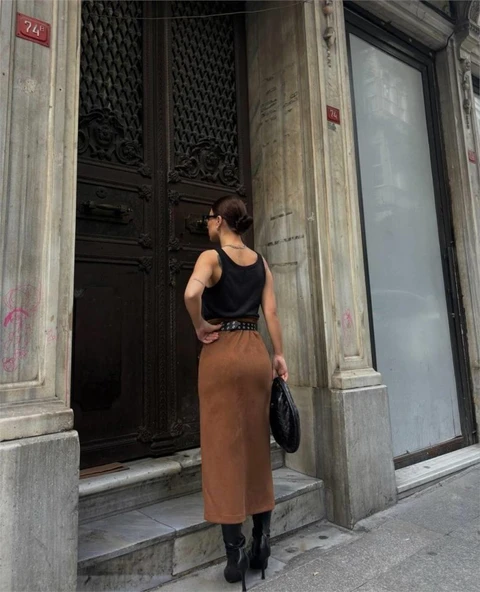 SÜET KALEM ETEK YIRTMAÇ DETAYLI - Taba - Resim 4