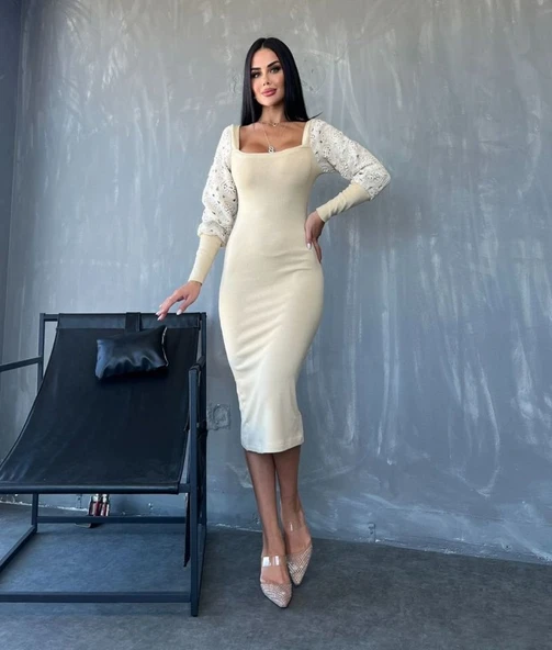 Kadın Kare Yaka Kolları Manşet Ve Tül Detay Fırsat ürün Midi Boy Elbise - Resim 3