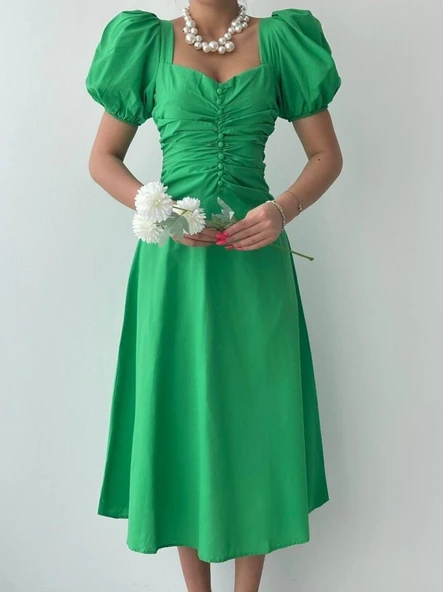 Kare Yaka Düğmeli Elbise - Resim 2