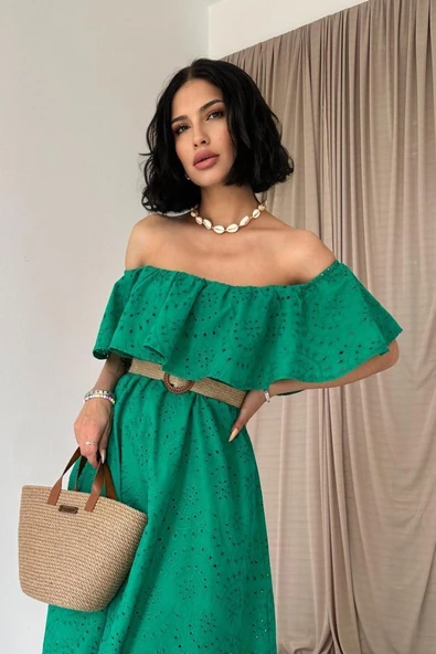 Yeşil Omzu Lastikli Brode Elbise - Resim 6