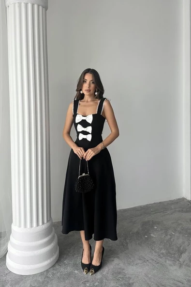 Siyah Fiyonk Garnili Dantelli Elbise - 2