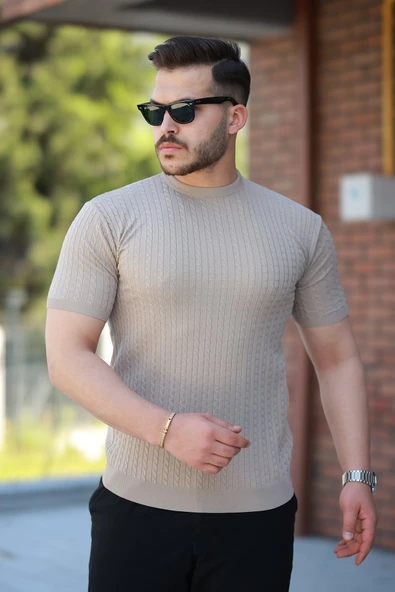Erkek Bisiklet Yaka örgü Desenli Kısa örme Triko Kısa Kollu T-shirt - 1