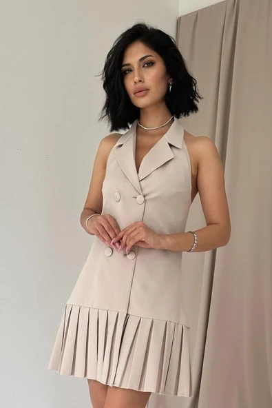 Bej Sırtı Açık Ceket Yakalı Elbise - Resim 2