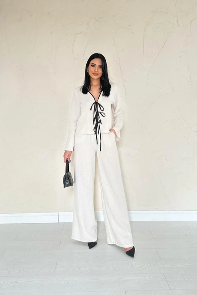 Bej Fiyonklu Keten Takım - Resim 2