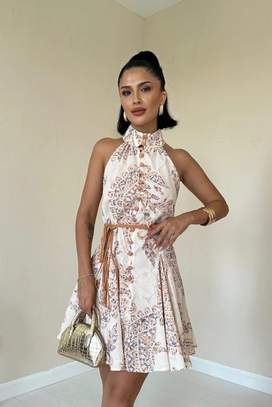 Ekru Halter Yaka Elbise - Resim 3