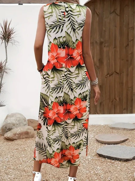 Kadın Askılı Yuvarlak Yaka Cepli Desenli Süprem Elbise - Resim 2