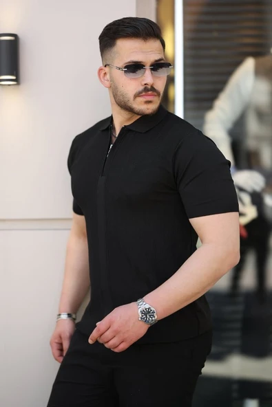 Erkek Yakası Fermuarlı Kısa Kollu T-shirt - Resim 5