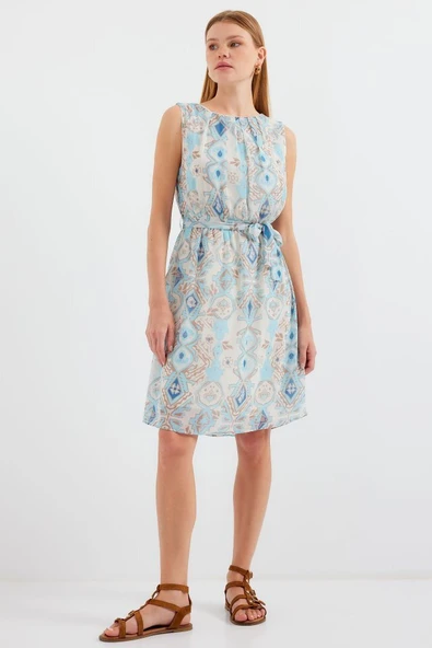 2501 Desenli Sıfır Kol Şifon Elbise - Mavi - Resim 3