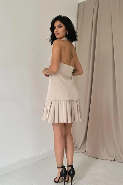 Bej Sırtı Açık Ceket Yakalı Elbise - Resim 4