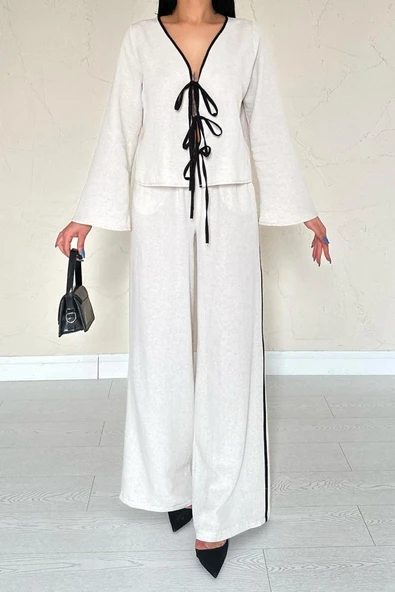 Bej Fiyonklu Keten Takım - Resim 3