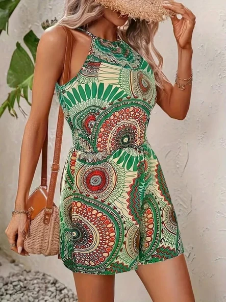 Kadın Omuzlardan Açık Boyun Arkasından Bağlamalı Beli Lastikli Desenli Süprem Kısa Tulum - Resim 2