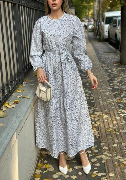 Kadın Uzun Kollu Bisiklet Yaka Papatya Desen Kuşak Dahil Maxi Boy Elbise ürün görseli