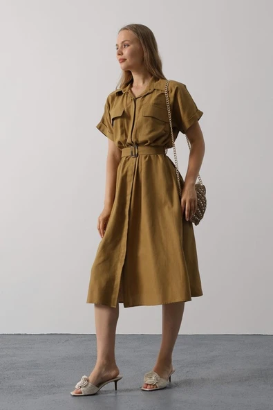 Kuşaklı Cep Detaylı Yarım Kol Elbise - Yağ Yeşili - Resim 3