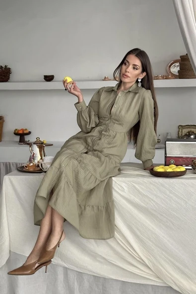 Çağla Çizgi Desenli Uzun Elbise - Resim 8