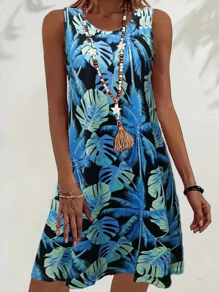 Kadın Mavi Yaprak Baskılı Askılı Süprem Elbise - Resim 3