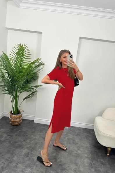 Kadın Kısa Kollu Yırtmaç Detaylı Salaş Viskon Elbise - Resim 2