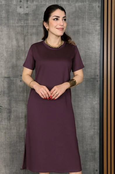 Kadın Kısa Kollu Bisiklet Yaka Yırtmaçlı Viskon Iki Iplik Elbise - Resim 2