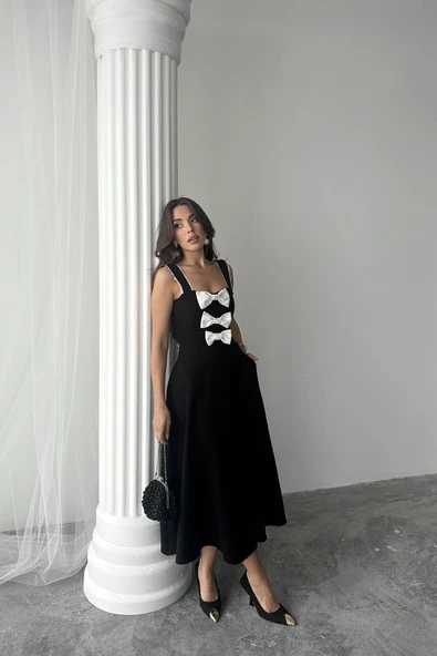 Siyah Fiyonk Garnili Dantelli Elbise - 3