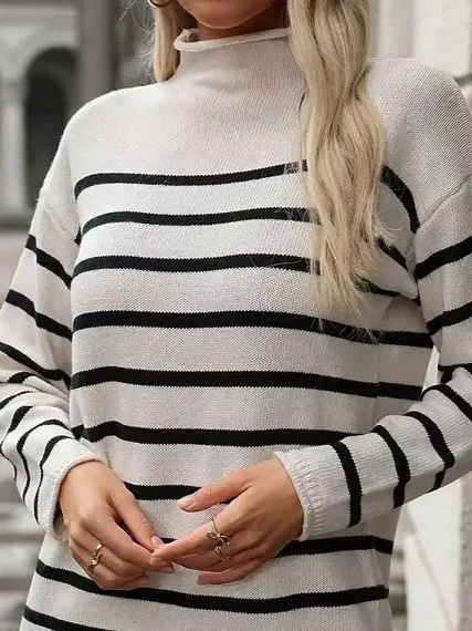 Kadın Uzun Kollu Yarım Balıkçı Yaka çizgilitriko Mini Boy Elbise (kemersiz) - Resim 2