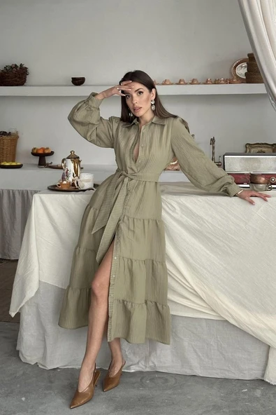 Çağla Çizgi Desenli Uzun Elbise ürün görseli