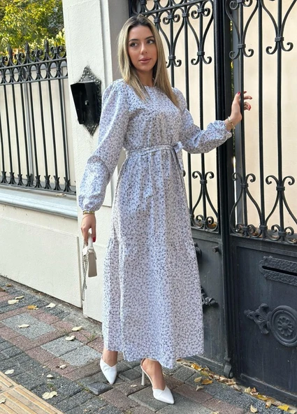 Kadın Uzun Kollu Bisiklet Yaka Papatya Desen Kuşak Dahil Maxi Boy Elbise - Resim 5