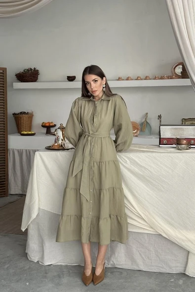 Çağla Çizgi Desenli Uzun Elbise - Resim 6