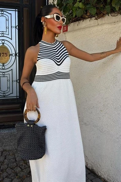 Roba Çizgili Uzun Triko Elbise 2858 - Resim 8