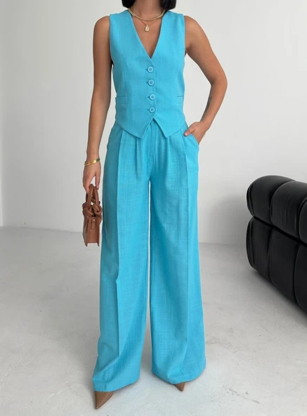 Keten Sirti Çapraz Geçi̇şli̇ Cepken Pantolon Takim - Resim 3