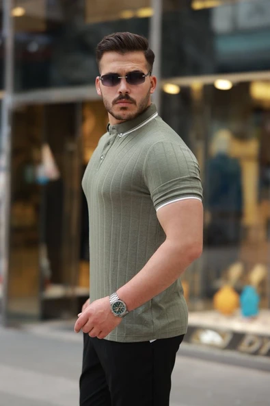 Erkek Düğme Yakalı Jakar Kumaş Kısa Kollu Tişört - Resim 2