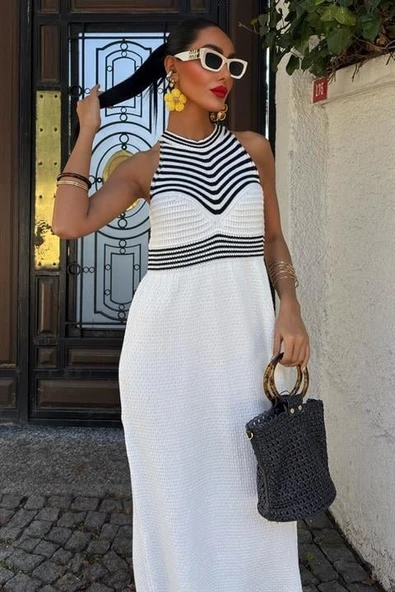 Roba Çizgili Uzun Triko Elbise 2858 - Resim 6