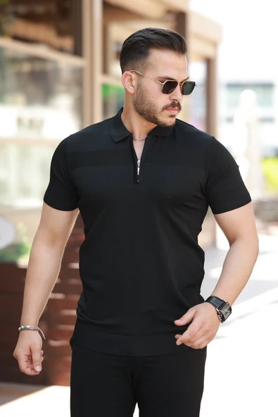 Erkek Göğüs Pirinç Desenli Fermuar Yakalı Kısa Kollu Tişört ürün görseli