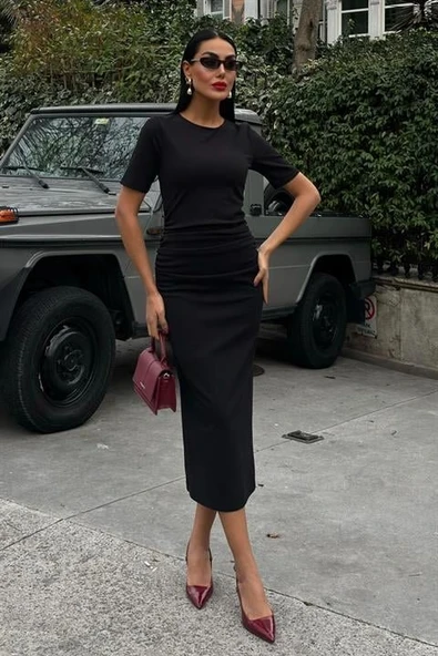 Beli Büzgülü Midi Elbise 2853 ürün görseli