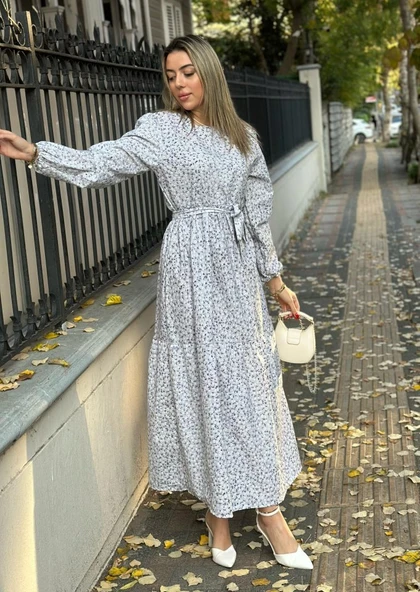 Kadın Uzun Kollu Bisiklet Yaka Papatya Desen Kuşak Dahil Maxi Boy Elbise - Resim 6