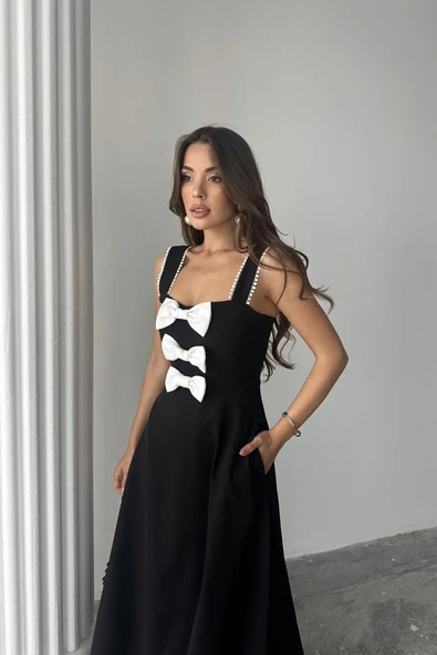 Siyah Fiyonk Garnili Dantelli Elbise - 4