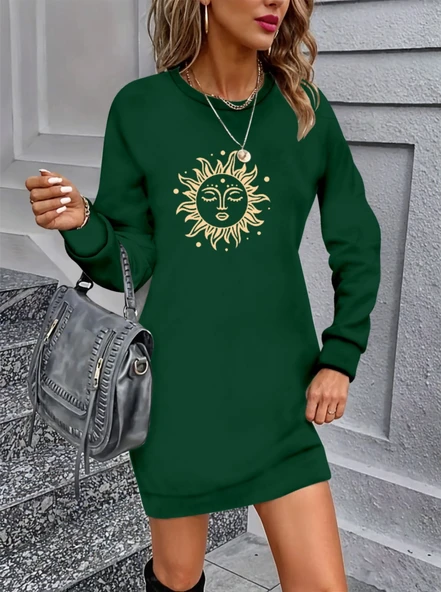 Kadın Uzun Kollu Bisiklet Yaka Güneş Desenli Viskon Iki Iplik Elbise - Resim 3