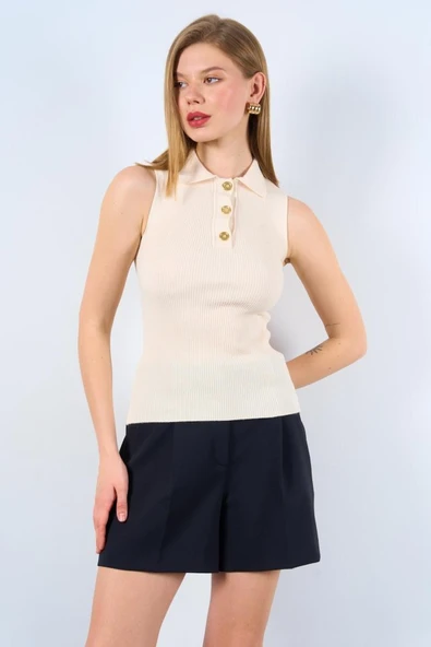 Patlı Düğmeli Triko Atlet - Beyaz Kayısı - 3