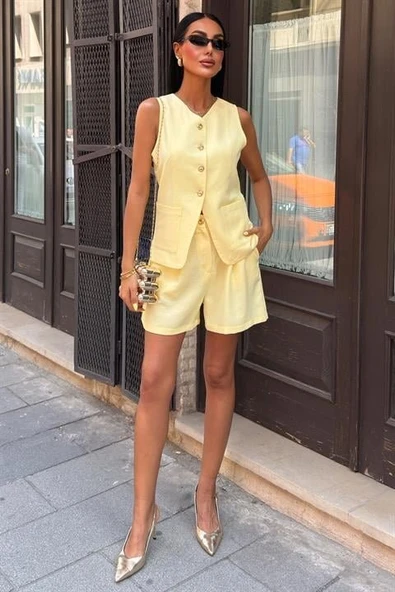 Gold Düğme Detaylı Yelek Şort Cotton Takım 10208 ürün görseli 1