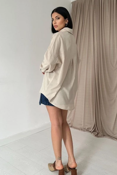 Bej Boyamalı Keten Baskılı Taşlı Gömlek - Resim 2