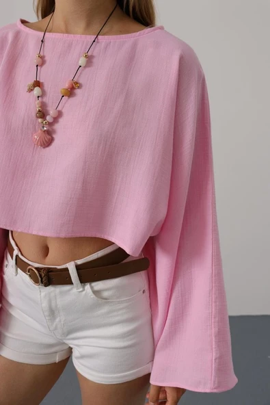YARASA KOLLU CROP BLUZ - Pembe - Resim 3