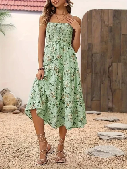 Kadın Ip Askılı Geniş V Yakalı Desenli Uzun Süprem Elbise - Resim 3