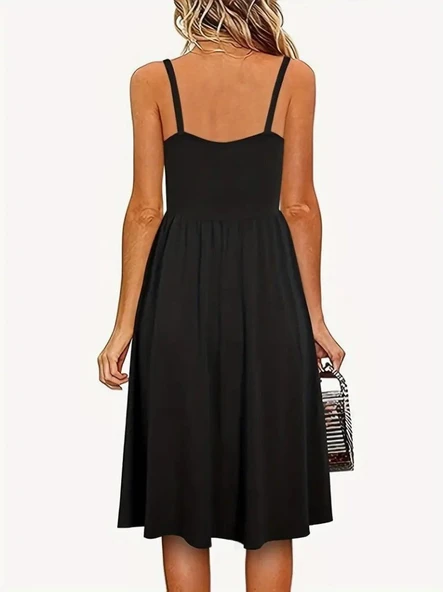 Kadın Ip Askılı V Yakalı Kısa Viskon Elbise - Resim 11