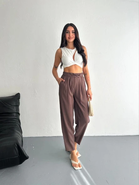 Yüksel Bel Rahat Paça Pantalon - Kahverengi - 2